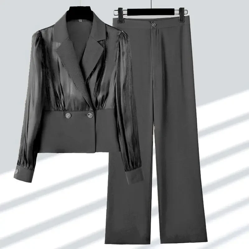 

Весна 2023, Популярная Корейская атласная куртка, Блейзер, повседневные брюки с широкими штанинами, элегантный женский костюм из двух частей, офисный пиджак, T04