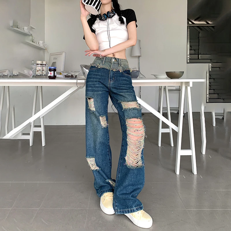 Jeans Women's Blue Commuter Pants Summer High Waist Perforated Pants with Ragged Edges Straight Leg Wide Leg Pants