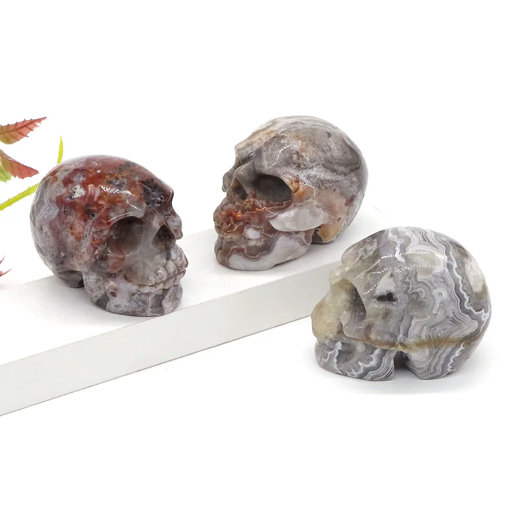 

2" Mexico Crazy Lace Agate Skull Statue Natural Stone Crystal Carved Reiki Healing Figurine Crafts Halloween Supplies Home Decor