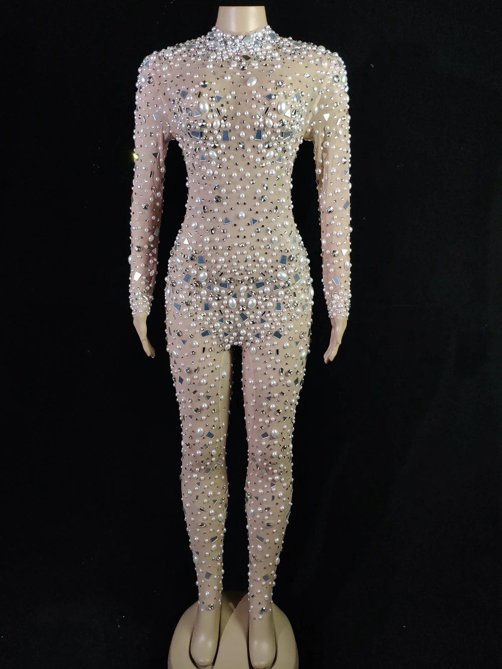 Женский прозрачный комбинезон со стразами жемчугом и молнией на спине S-XL