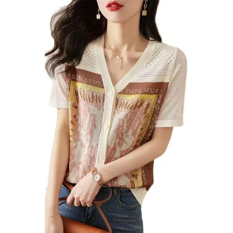 

2023 New Summer Commuter Simple Fashion Linen Woven Vintage V-Neck Button Short Sleeve Casual Loose Versatile Women's T-shirt