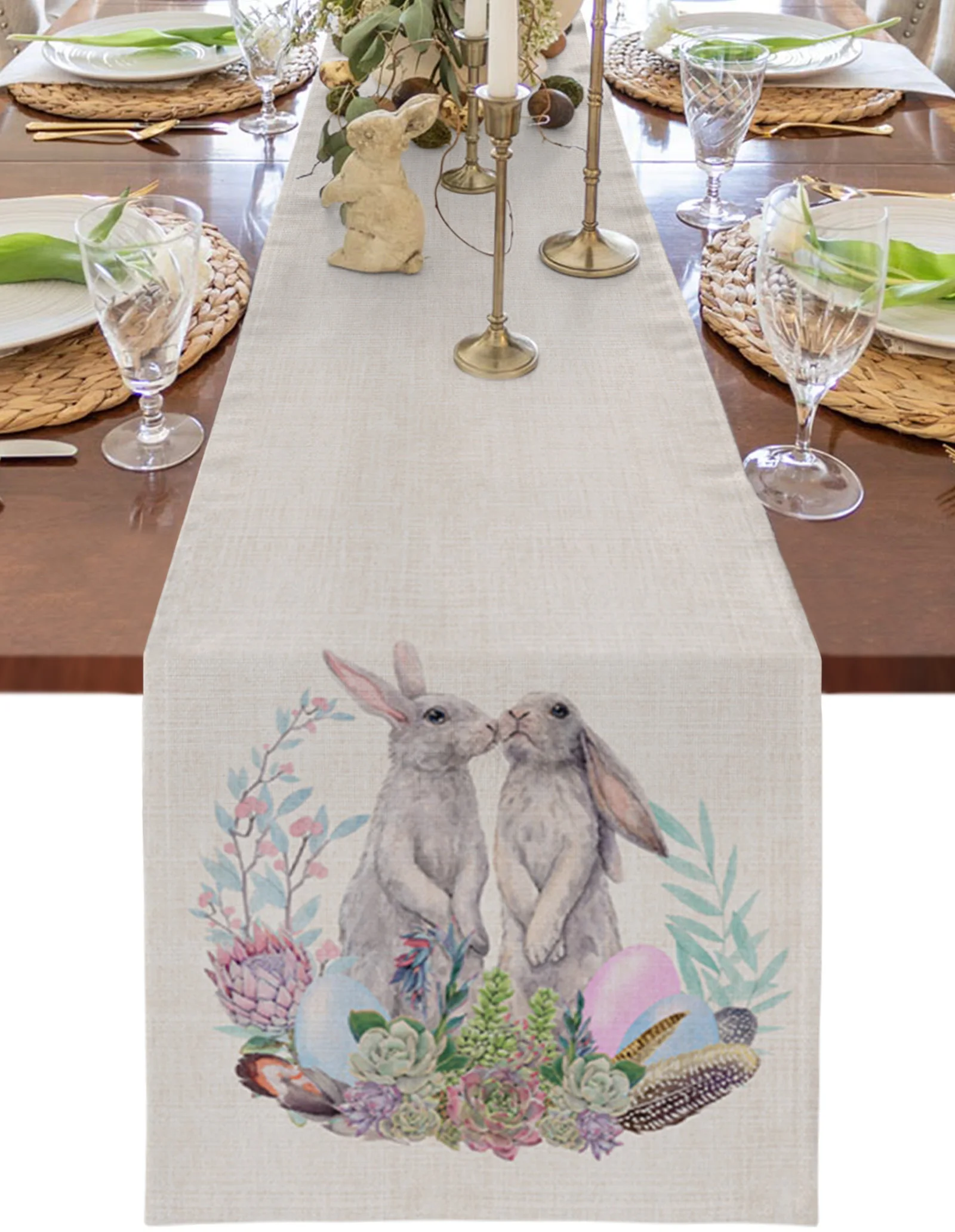 

Easter Bunny Succulent Flowers Table Runner Wedding Party Table Decorations for Home Decor Gift Favor Placemat Tablecloth