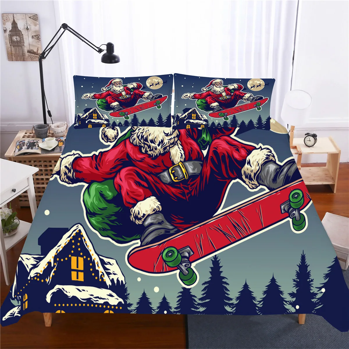 

Merry Christmas Duvet Cover King/Queen Size 2/3pcs Polyester Quilt Cover Red Santa Claus on A Motorcycle Pattern Bedding Set