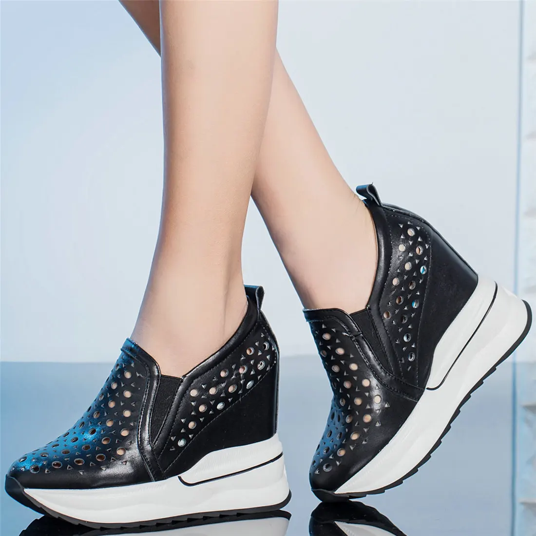 12cm High Heels Platform Shoes Women Hollow Genuine Leather Wedges Pumps Female Summer Round Toe Fashion Sneakers Casual Shoes