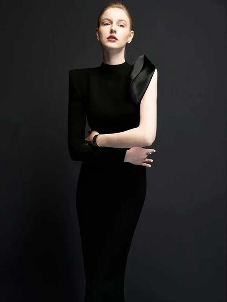 DEAT женское модное вечернее платье с воротником-стойкой и асимметричными