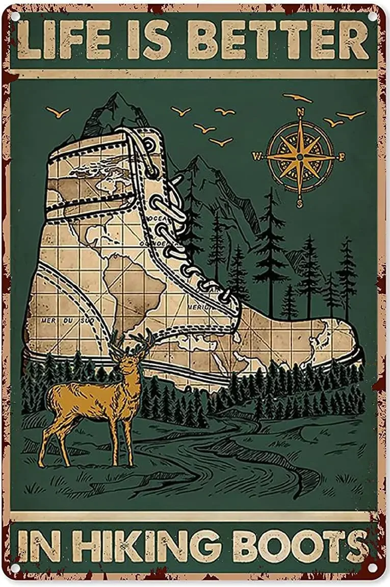 

Подарки для любителей пеших прогулок, мужские походные ботинки и олень, жизнь лучше в походных ботинках, постер, жестяной знак, украшение, винтажный шикарный металл