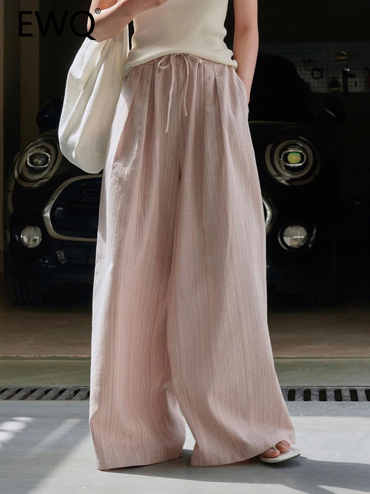 

EWQ High Waist Lace-up Design Linen Wide Leg Pants For Women Striped Loose Streetwear Female Trousers 2023 Summer New 26D3111