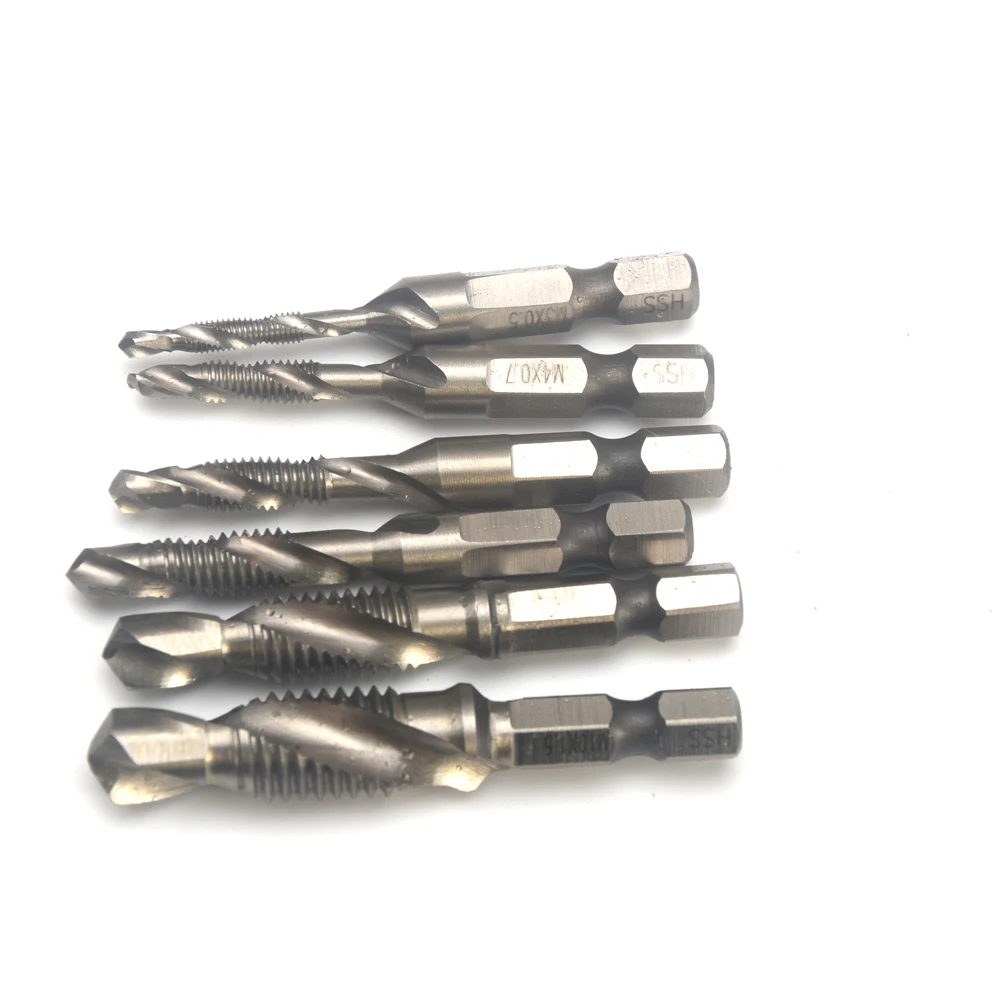 

6pcs Woodworking Tools Electric Screwdriver Coated Multifunctional Drill Bits Compound Tap Durable Hexagon Handle Shank 3 In 1