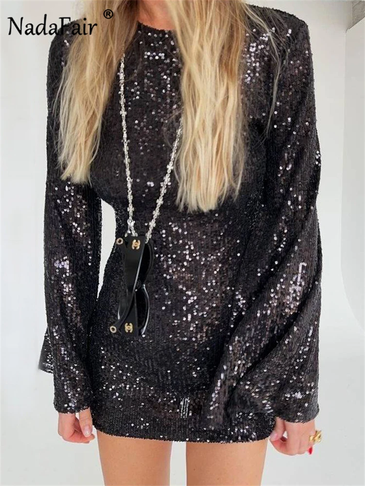 

Nadafair женское платье с блестками, вечерние короткое платье с длинным рукавом, винтажное белое Черное Осеннее Клубное сексуальное мини-платье 2023