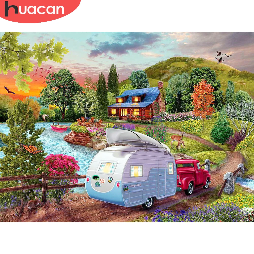 

Алмазная живопись HUACAN «сделай сам», полноразмерная мозаика 5D в виде автомобиля, вышивка крестиком, закат, украшение для дома