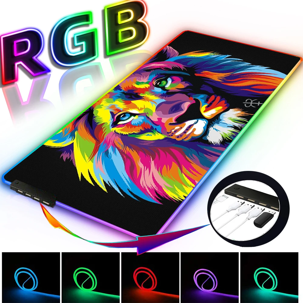 

Большой игровой коврик для мыши Lion RGB, расширяющийся игровой коврик для клавиатуры и мыши 3 мм с 4-мя USB-портами, 14 цветов, для настольного комп...
