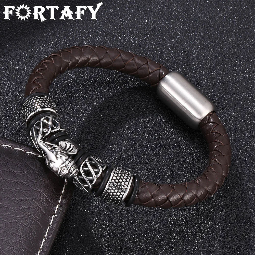 

FORTAFY Braided Leather Elephant Bracelet Men Trendy Jewelry Stainless Steel Magnetic Clasp Punk Bracelets Bangles FR0146