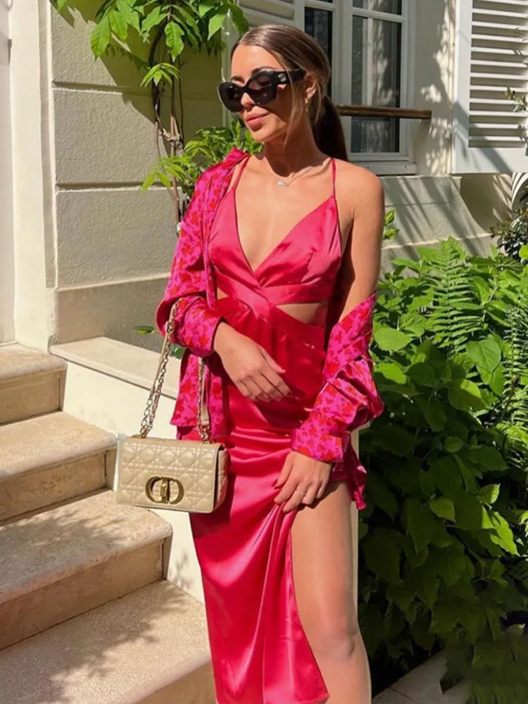 

Zach AiIsa spring and summer new women's high-end temperament suspenders cross open back hollow design silk satin texture dress