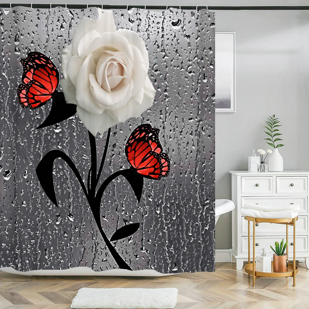 Rose Flower Butterfly Waterproof Shower Curtains 3D Printed Fabric Bathroom Curtain with Hooks Home Decoration Bath Curtain