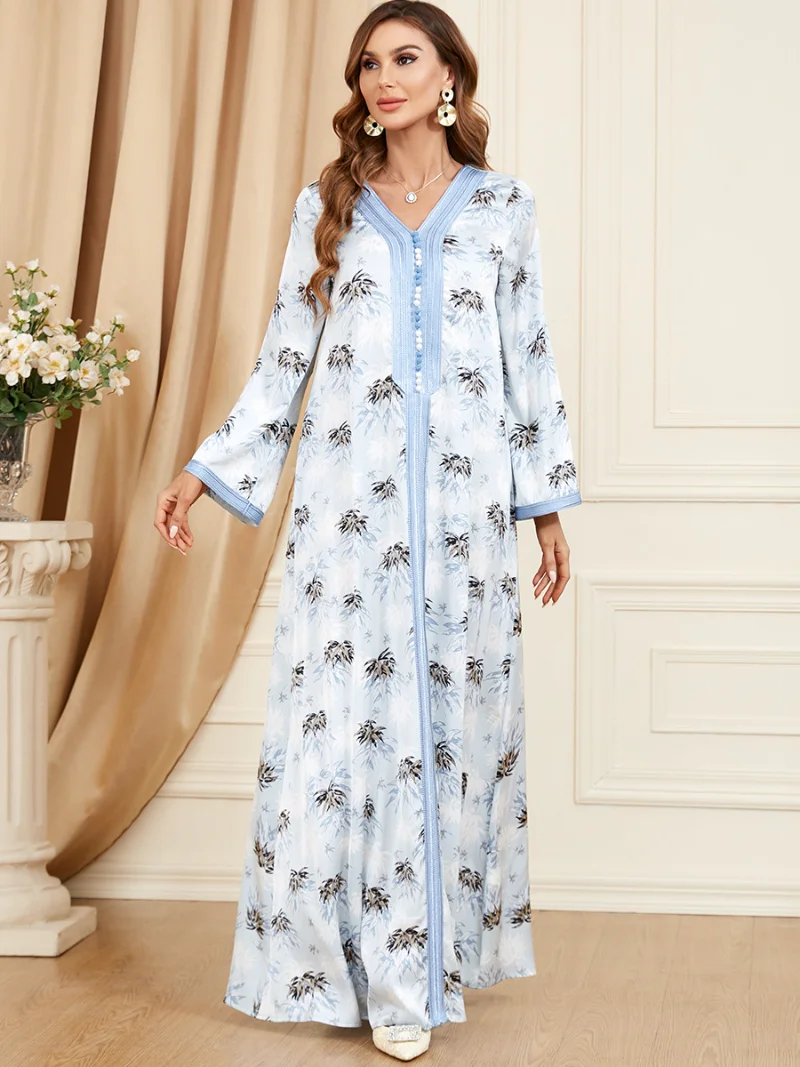 Ramadan Eid Fashion Modest Dress For Woman V-Neck Lace Tape Button Print Muslim Dresses Long Sleeve Abaya Turkey New 2023