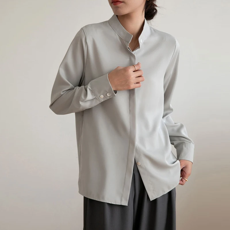 

Новинка 2023, Женская Осенняя блузка с длинным рукавом, элегантная однотонная простая блузка с воротником-стойкой, офисная одежда на пуговицах, блузки 25754