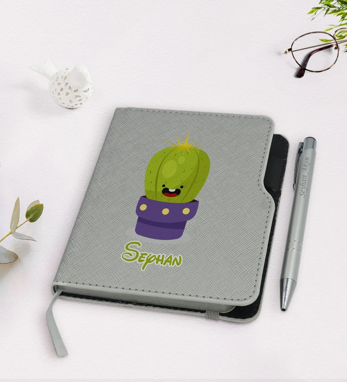 

Personalized Cactus Design Gray Thermo Leather Notebook Pen Seti-10