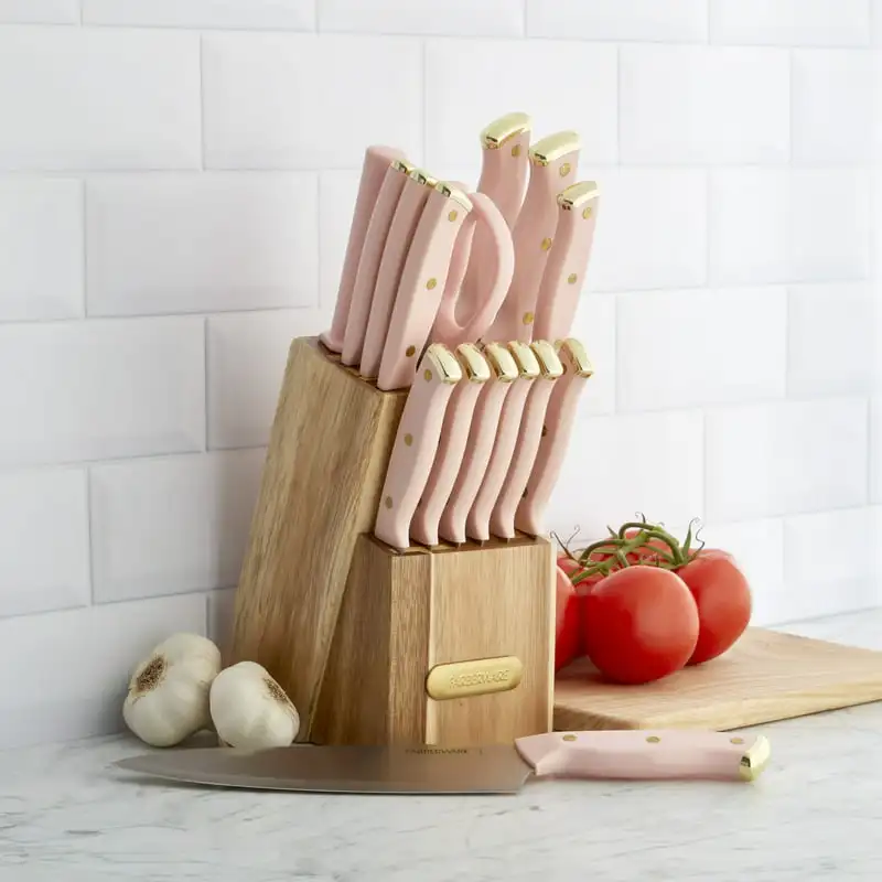 

Triple Riveted Acacia Knife Block Set 15-piece in Blush and Gold Kitchen Knife With Storage Holder