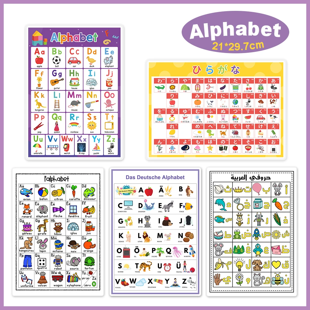

Children Learning Arabic German Japanese English French Alphabet A4 Posters Educational Toys Big Card Room Classroom Decoration