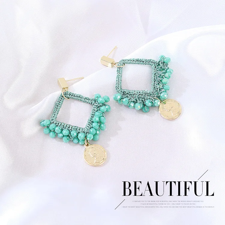 

Rice Bead Earrings Hand knitting Roman head Beaded Hollow Simple Bohemia geometry alloy ma'am Fringe Earrings