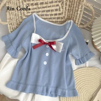 rin confa button design fashion ice silk knitting top women assorted colors square collar bowknot short sleeves cute girls win