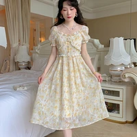 summer floral womens long dress french high waist slim hand embroidered pearl buttons wood ear puff sleeve harajuku dress new