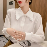lace neck solid color spring autumn white shirt womens long sleeve loose chiffon shirt ladies tops fashion clothes woman 127e
