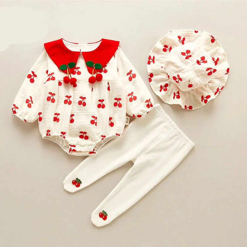 

0-24M Baby Girl Clothes Suit Spring and Autumn Long Sleeves Baby Romper with Hat and Sock Suit Cute Print Cherry Girl Romper set