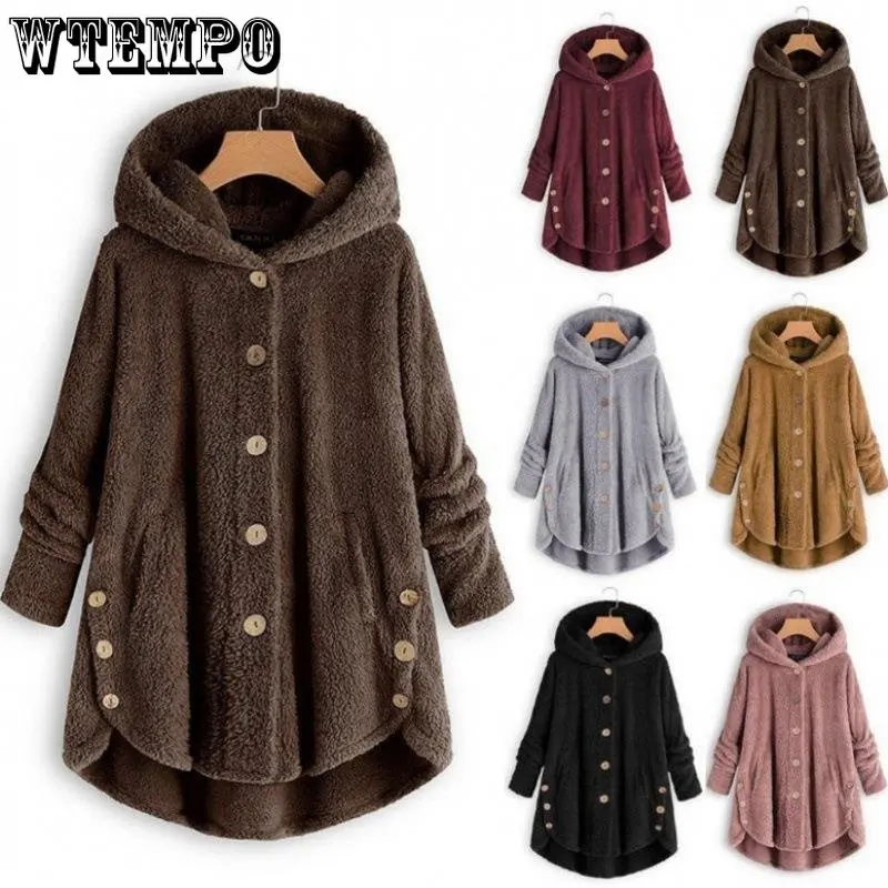 

Женское шерстяное пальто WTEMPO, осенне-зимнее однотонное повседневное теплое пальто, шерстяные куртки, женские плюшевые пальто на пуговицах ...