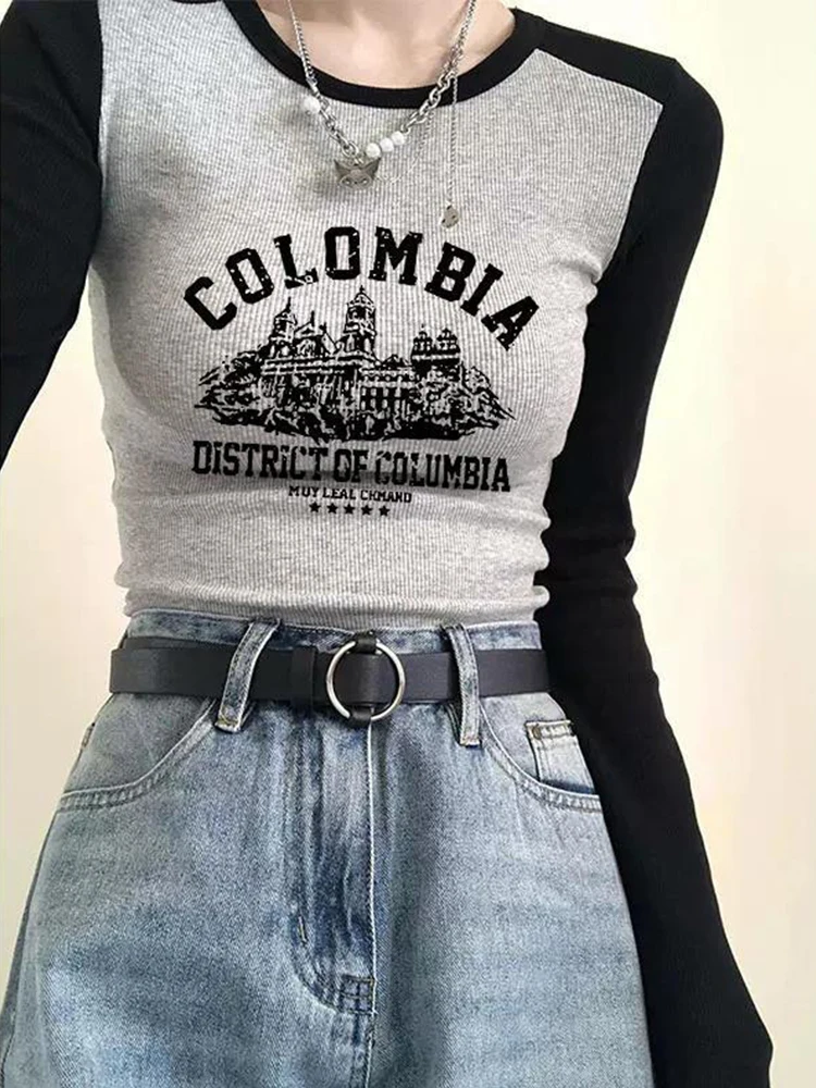 

Letter Graphic Print T Shirt Women Spring Long Sleeve Slim Tops Vintage Contrast Color Crop Top Korean Fashion Skinny Y2K Tees