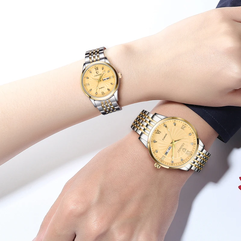 New CHENXI Couple Watch Free Shipping Women And Man Stainless Steel Week Calendar Quartz Wristwatch Business His Hers Watch Sets