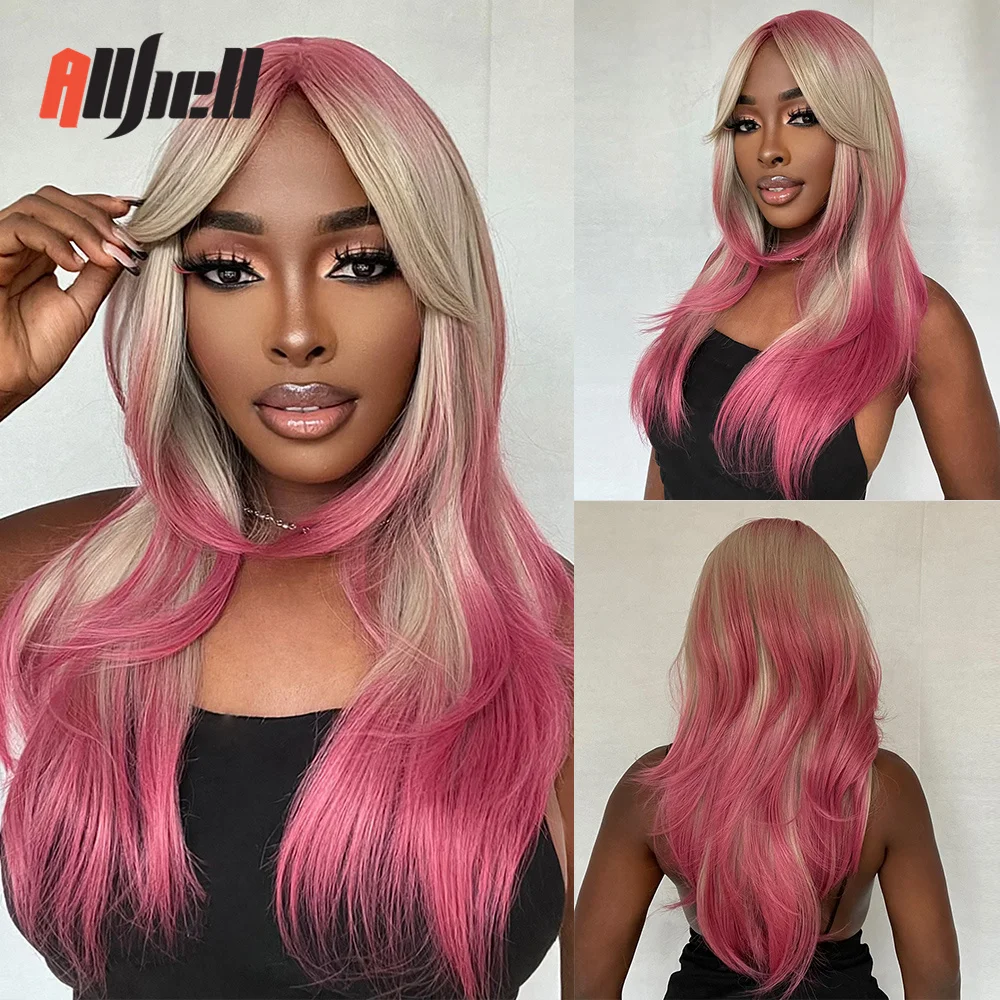 

Gray Blonde Pink Ombre Synthetic Wigs for Women Afro Long Straight Layered Hair Wig Heat Resistant Cosplay Lolita Wig with Bangs