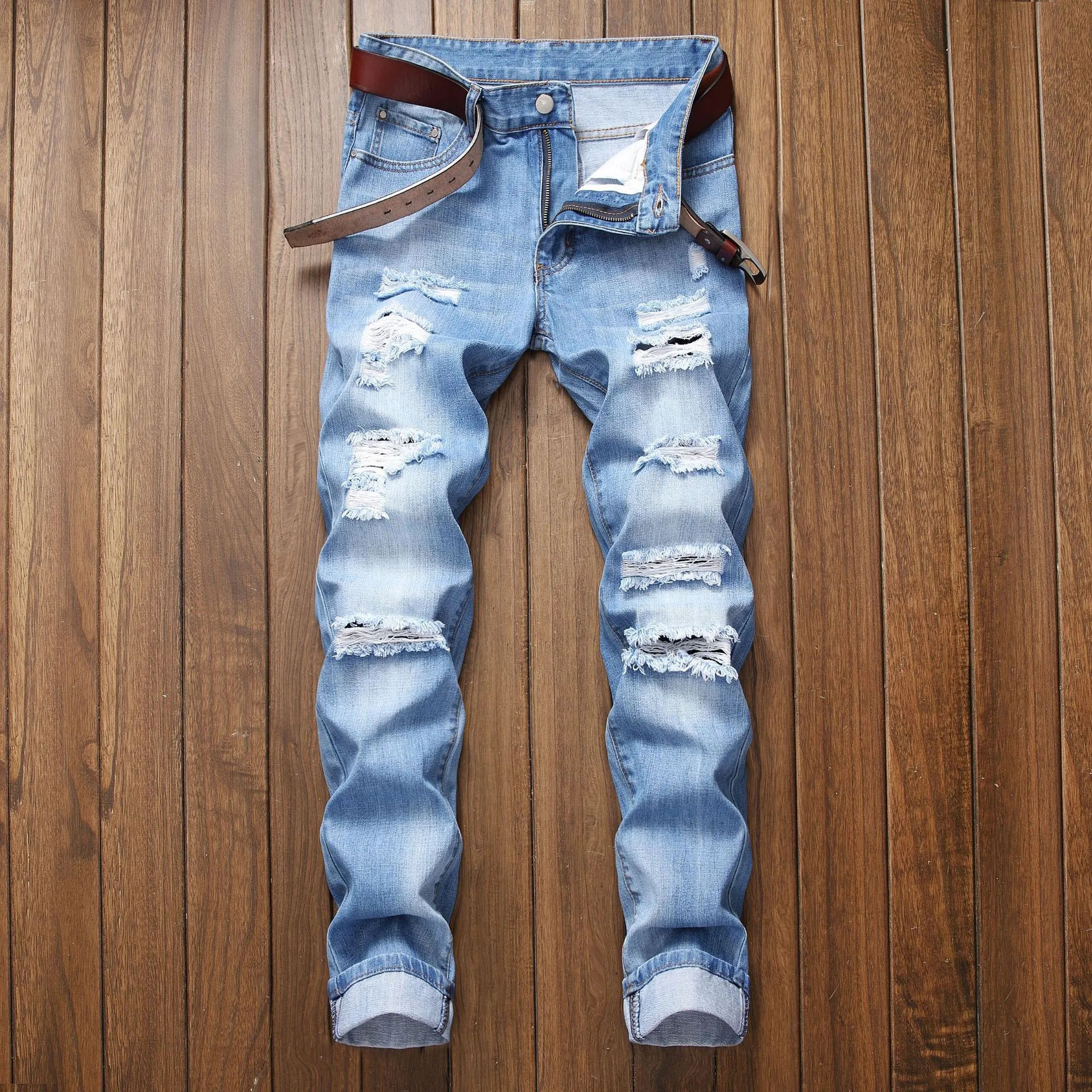 Men's Ripped Straight Jeans Blue Slim Denim Pants High Quality Casual Trousers Fashion Streetwear Jeans for Men
