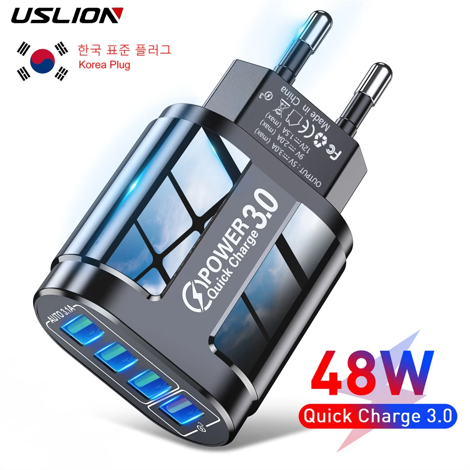 Быстрое зарядное устройство USLION 3A QC3.0 для iPhone 14 11, сетевое зарядное устройство с USB-разъемом, корейский переходник для Samsung, Huawei, быстрое зарядное устройство 48 Вт