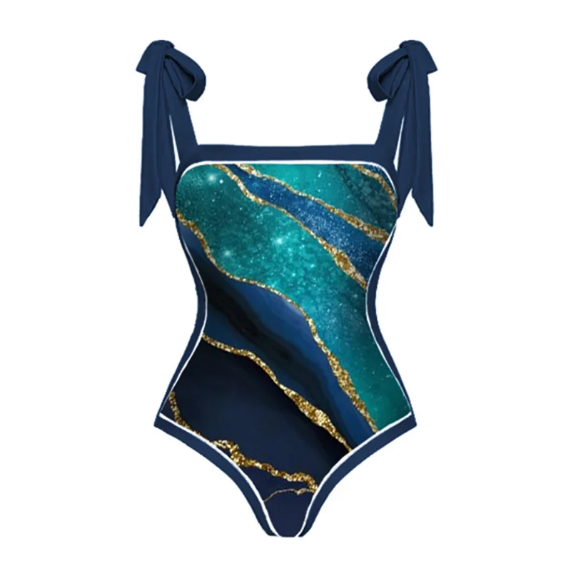Marble Print One Piece Swimsuit Fashion Colorblock Bikinis Women's Swimming Suit Sexy Lacing Up Swimwear Beachwear Slim 2023 New