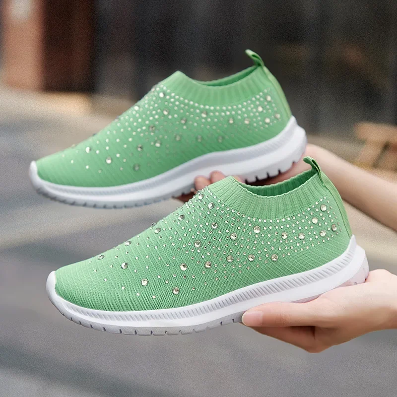 Women Casual Sneakers Knitted Flats Loafers Ladies Slip-on Sock Shoes Women's Luxury Crystal Vulcanized Zapatillas Mujer