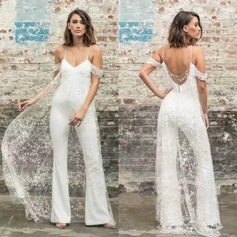 

Jumpsuit Wedding Dresses With Cape 2021 Off The Shoulder Spaghetti Straps Lace Appliques Tulle Bridal Gown Sexy Open Back