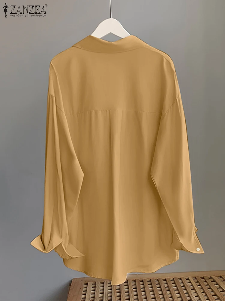 

Рубашка ZANZEA женская с воротником с лацканами и длинным рукавом, повседневная однотонная Свободная блузка с пуговицами спереди, офисная блузка оверсайз