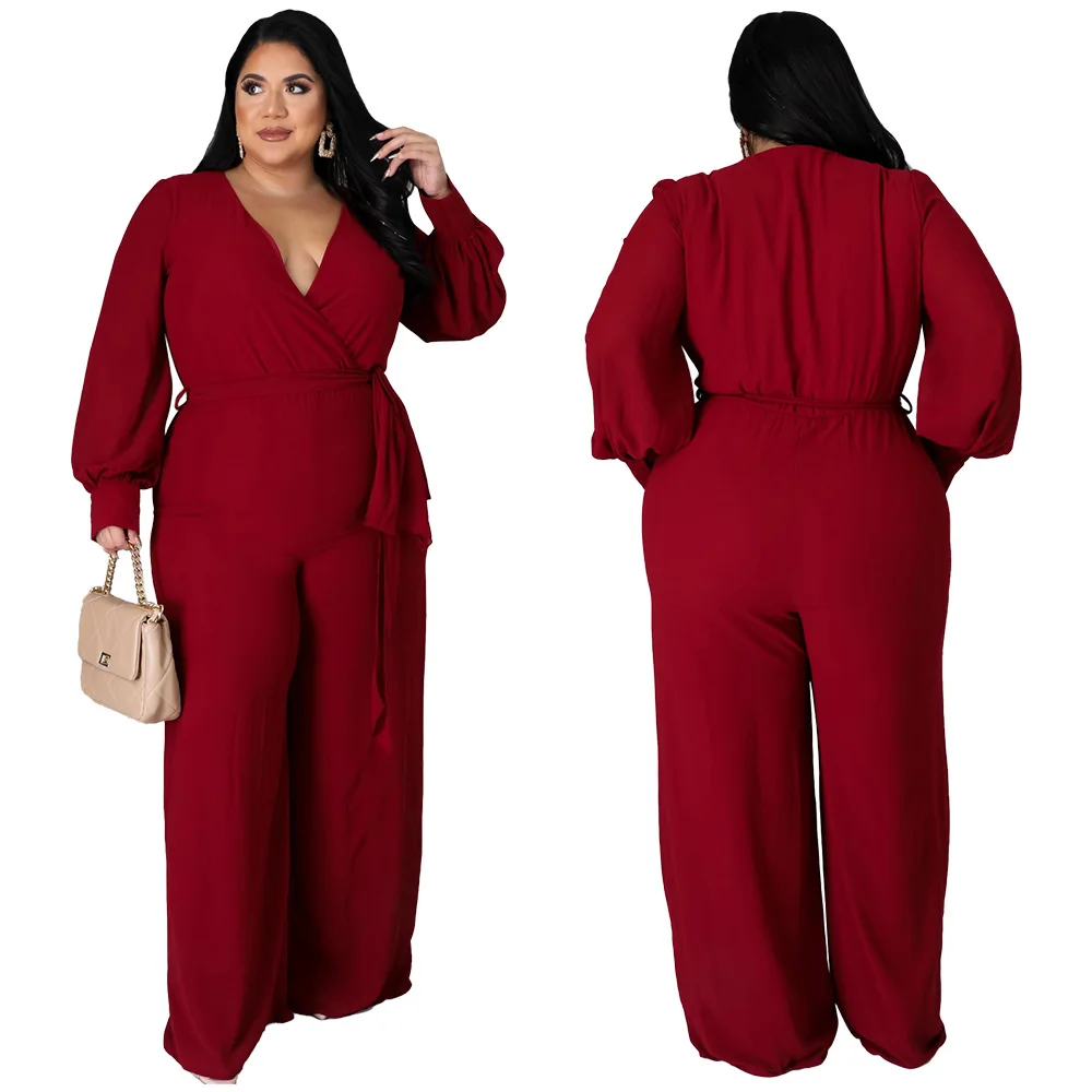 Fashion Large Size Loose Jumpsuit Women Solid V Neck Straight Trousers Long Sleeve Sexy African Clothing 2022 Spring Autumn New