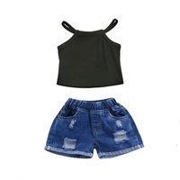 baby girls outfit set 2022 new childrens suspenders waist revealing and hole breaking denim shorts childrens set