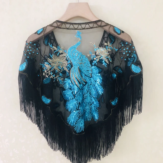 Chinese Phoenix Spring Summer Women's Sequins With Shawl Top New Mesh Cloak Girl Versatile Sunscreen Fashion Lace Blue