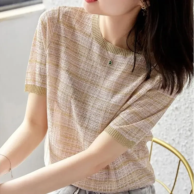 Женская футболка из ледяного шелка с короткими рукавами лето 2023 новый стиль