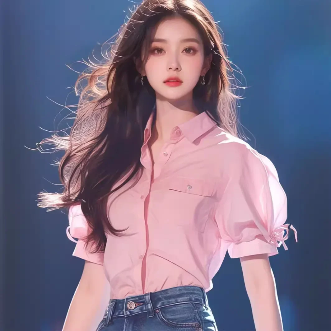 Chic Pink Bubble Sleeve Shirt Women's Summer New Style Button Decorated Casual Fashionable Top for Ladies in 2022 |