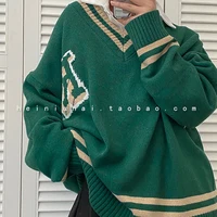 Women's Green Vintage Knitting Sweater V Neck Letter Embroidery Long Sleeve Casual Korean Fashion Baggy Tops Ladies Autumn