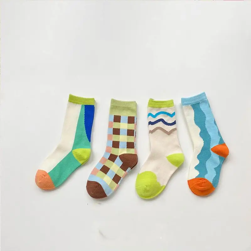 

4pairs/lot Baby Boys Girls Socks New Arrival Cotton Geometric Stripe Pattern Children Sock Wave Plaid Socks KidsTube Socks 1-8T