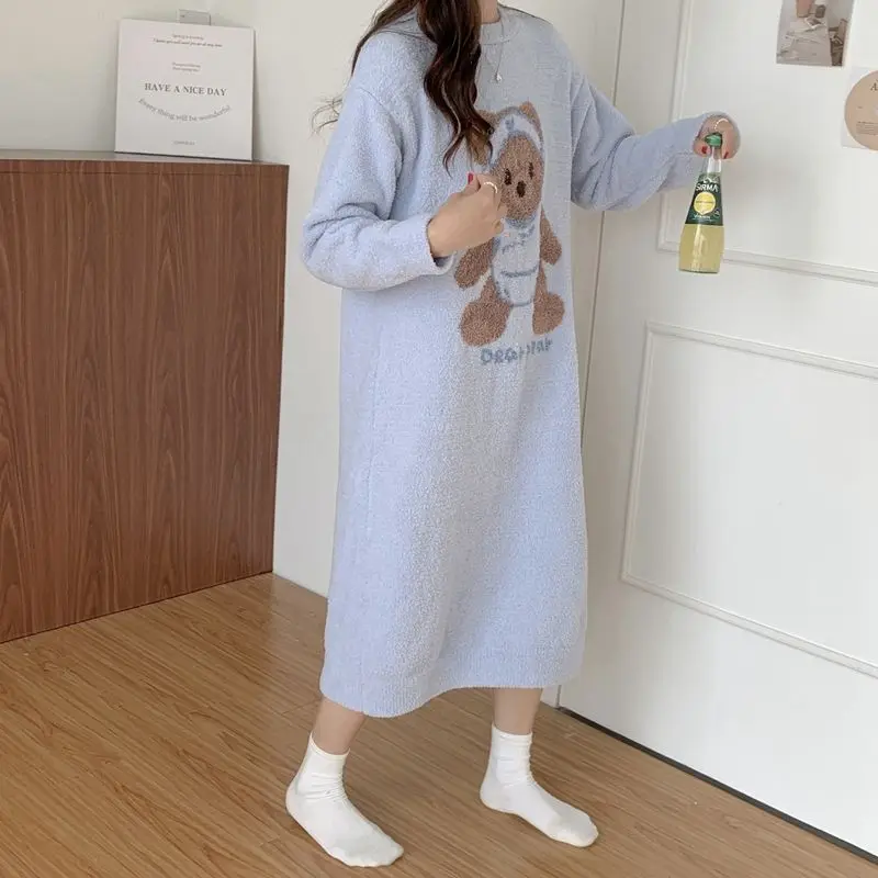 QWEEK Coral Velvet Long Nightie Kawaii Korean Style Bear Print Sleepwear Warm Thicken Women's Nightdress Winter Homewear