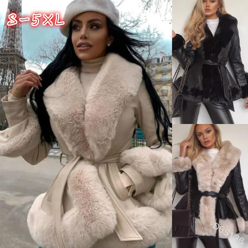 fur tops Faux Fur Collar Jackets Women coat Slim Solid Coats Women Elegant Tie Belt Patchwork Jackets Female Ladies pu leather