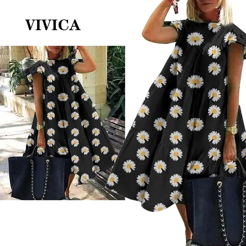 

2022 Women's Summer Plus Size Dress Loose Round Neck Pink Maple Leaf Print Casual Beach Skirt XXXL