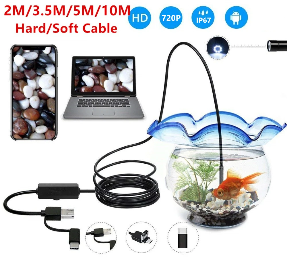 

USB-эндоскоп 3 в 1 с жестким/мягким кабелем, 720P