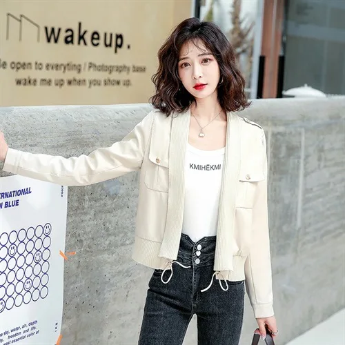 LXUNYI Spring Autumn 2022 Women Leather Jacket Long Sleeve Casual PU Leather Coat Fashion Knitted Casual Patchwork Short Coat